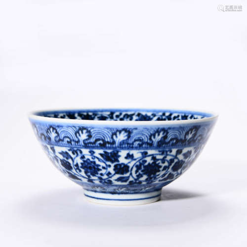 A BLUE AND WHITE LOTUS SCROLLS BOWL