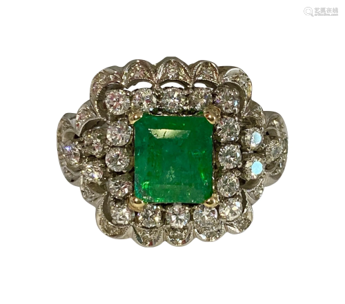 Vintage 18K White Gold, 5.05ct Diamond & Emerald Ring
