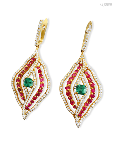 14k Gold 6 carat Diamond Emerald and Ruby Earrings