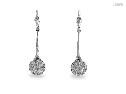 Vintage, 18k White Gold & Diamond Dangle Earrings