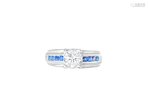 18K, 1.70 Carat Diamond and Blue Sapphire Ring