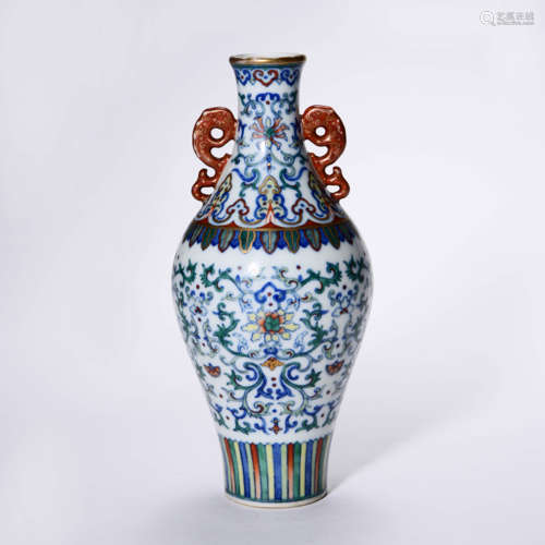 A DOUCAI GLAZED LOTUS SCROLLS VASE