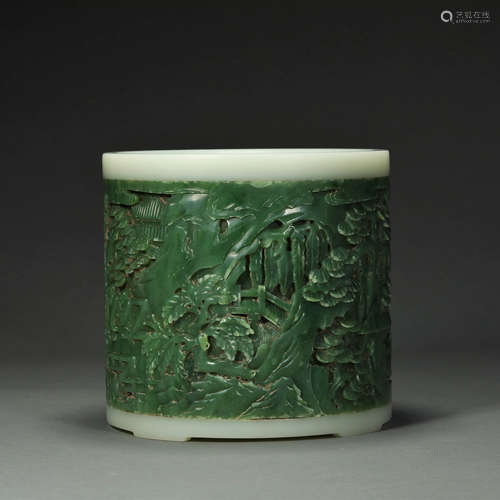 A CARVED SPINACH-GREEN JADE BRUSHPOT