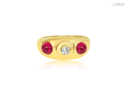 Vintage 14k Gold Ruby Diamond 3 Stone Ring