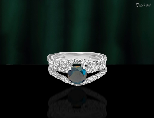 18k White Gold, Blue Sapphire & Diamond Ring For Her.