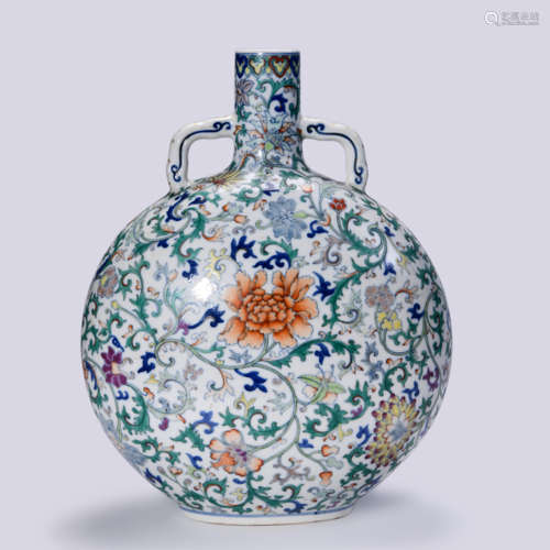 A DOUCAI FLORAL SCROLLS MOON FLASK