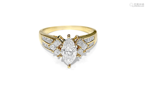 14K Yellow gold. 0.80CT Marquise Cut Diamond Ring