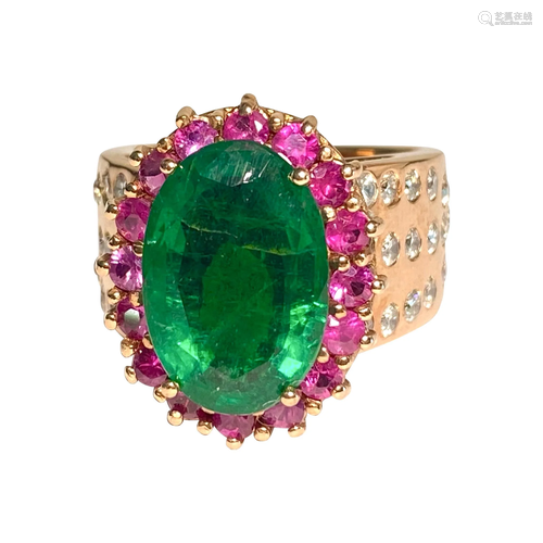 18k Gold, 9.80 Carat Emerald Ruby & Diamond Ring (GIA)