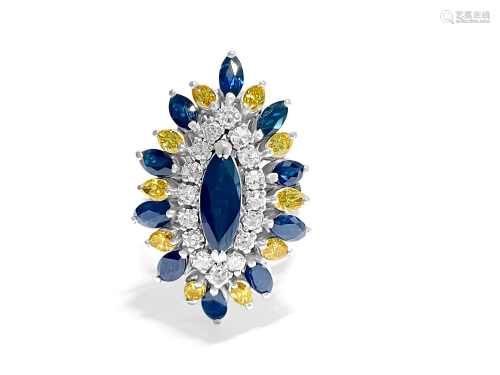 Vintage 18k Diamond Blue Sapphire Yellow Diamond Ring