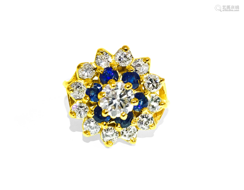 18K Gold. 2.12 Carat Diamond and Blue Sapphire Ring