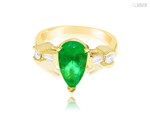 Womens 14K Yellow Gold, 2.30CT Diamond & Emerald Ring