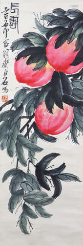 A CHINESE PAINTING SCROLL OF PEACHES, QIBAISHI MARK