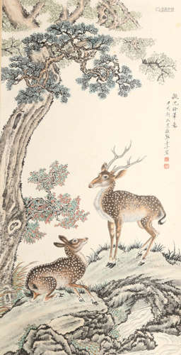 A CHINESE PAINTING OF DEERS, ZHANG SHANZI MARK