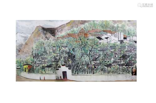 A CHINESE PAINTING SCROLL OF VILLAGE SCENERY, WUGUANZHONG MA...