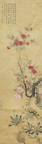 A CHINESE PAINTING SCROLL OF FLORALS QIANWEICHENG MARK