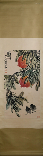 A CHINESE PAINTING OF LONGEVITY PEACHES AND CHICKS