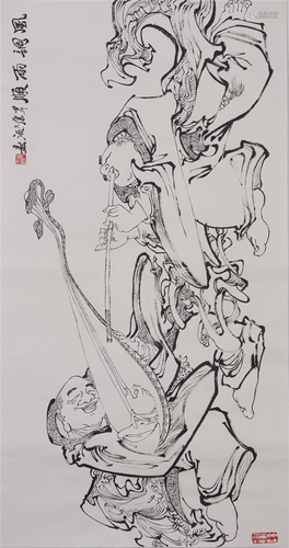 A CHINESE INK PAINTING OF ARHATS