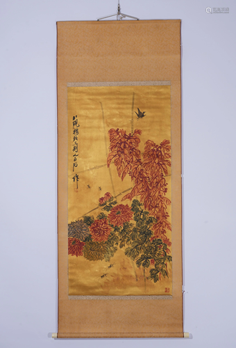 A CHINESE PAINTING OF FLOWERS AND INSECTS