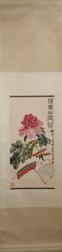 A CHINESE PAINTING OF FLOWER, BOOK AND FIRECRACKER