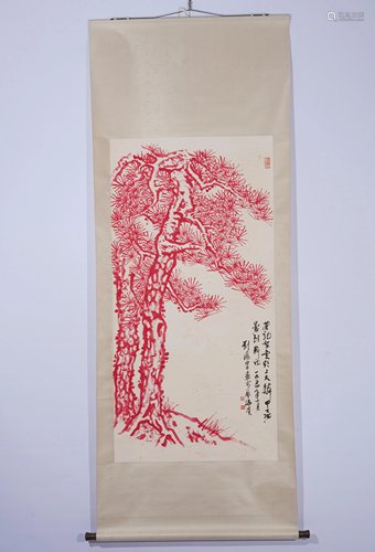 A CHINESE CINNABAR PAINTING OF PINE TREE