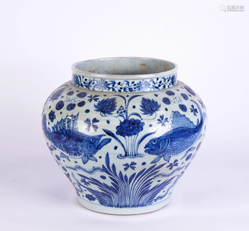 A CHINESE BLUE AND WHITE FISH-AND-GRASS PORCELAIN JAR