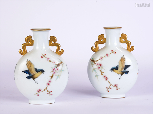 TWO CHINESE FAMILLE ROSE FLOWERS&BIRDS PORCELAIN VASES