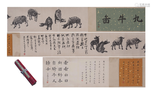 A CHINESE PAINTING HAND SCROLL OF NINE BUFFALOES