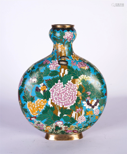 A CHINESE ENAMEL PEONIES MOON FLASK