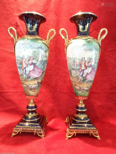 Pair Large Cobalt Blue Porcelain Vase Dore Bronze Swan