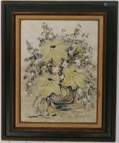 VINTAGE SINNED TEXTURE FLOWER OIL PAINTING FRAMED.