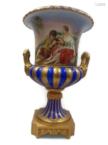 Large Italian Hand-Painted Porcelain Campana Vase