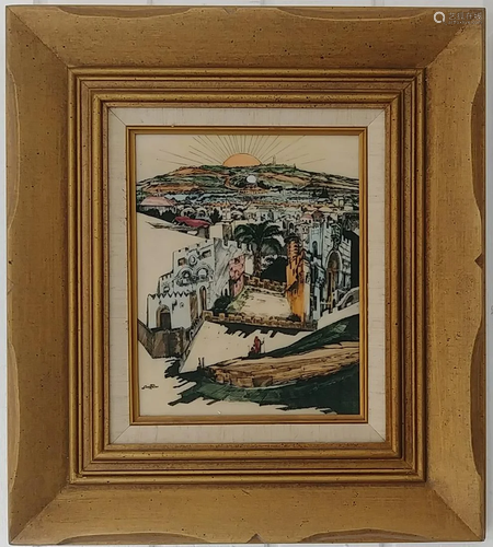 Vintage Framed Etching Enamel Painting S Raskin Plaque