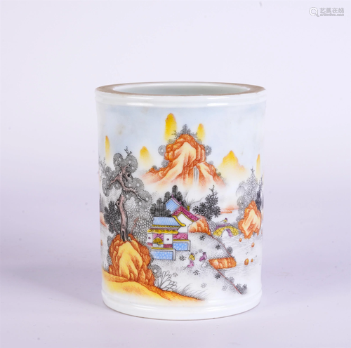 A CHINESE FAMILLE ROSE LANDSCAPE PORCELAIN BRUSH POT