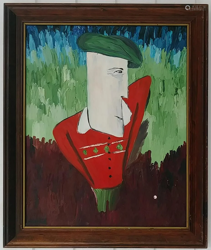 Signed Walls Green Man Painting on Canvas Framed