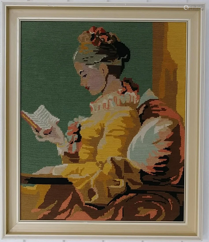 Vintage PA 1956 Girl Reading Framed Needle Point Framed