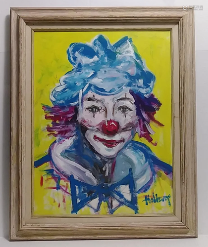 Signed Holiday, Clown Oil Painting on Canvas