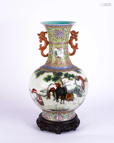 A CHINESE FAMILLE ROSE DOUBLE-HANDLED PORCELAIN VASE