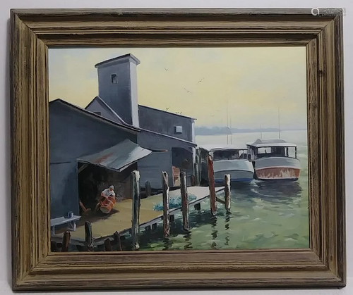 Vintage 1980 Regionalism Oil Painting Fisherman on Dock