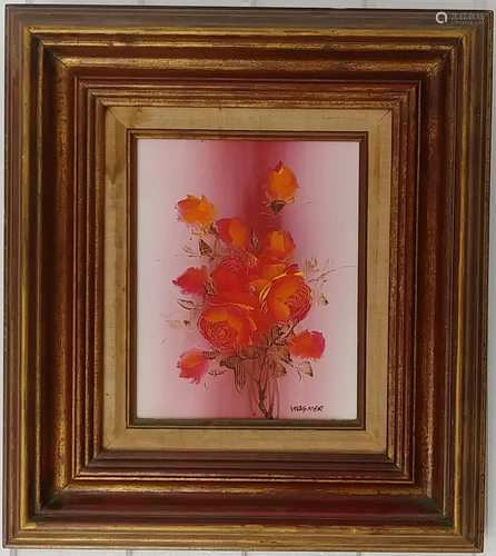 Red Roses Flower Signed W Oil Painting on Canvas Framed