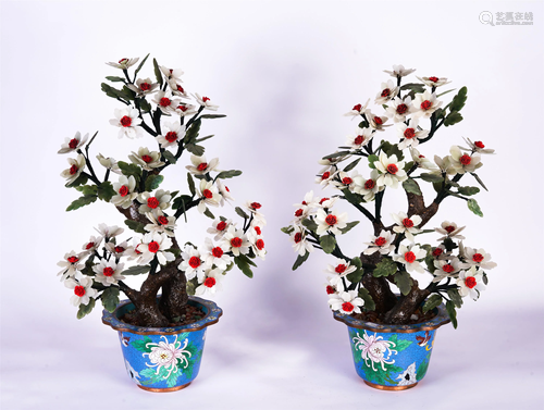 TWO CHINESE WHITE JADE, HARSTONES AND ENAMELED BONSAI