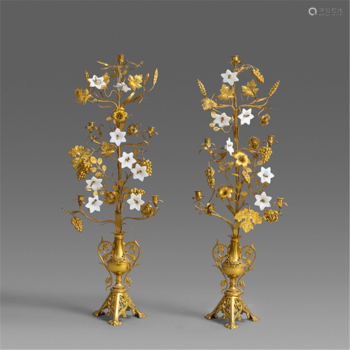 TWO WHITE PORCELAIN DECORATED BRASS CANDELABRUMS