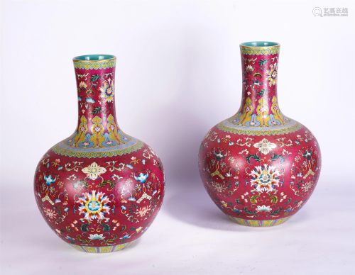 TWO CHINESE FAMILLE ROSE FLORAL PORCELAIN VASES