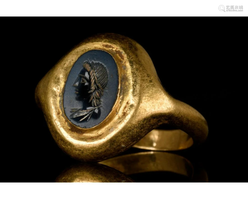 ROMAN GOLD INTAGLIO RING WITH PORTRAIT GEMSTONE - …