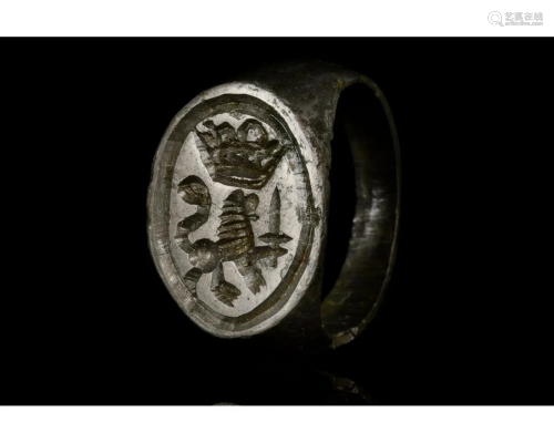 MEDIEVAL SEAL RING WITH LION AND CROWN