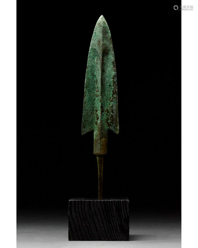 ANCIENT BRONZE SPEAR HEAD ON STAND