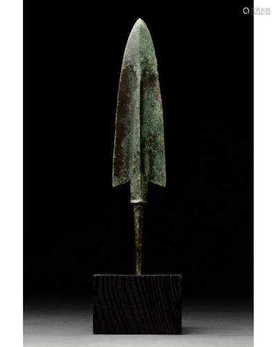 ANCIENT BRONZE SPEAR HEAD ON STAND