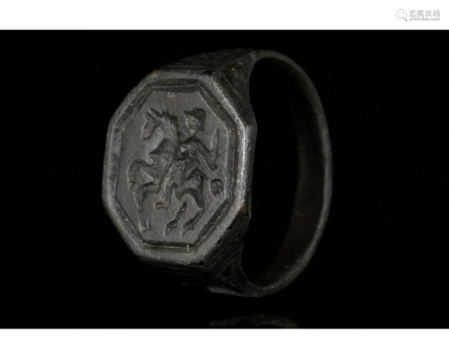 MEDIEVAL BRONZE SEAL RING WITH HORSE RIDER