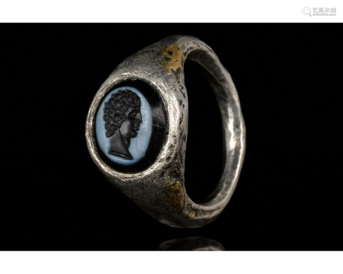 ROMAN SILVER AND NICOLO INTAGLIO RING WITH PORTRAIT