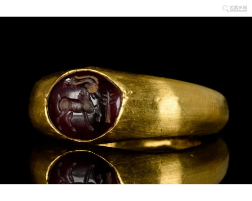 ROMAN GOLD INTAGLIO RING WITH STAG - XRF TESTED