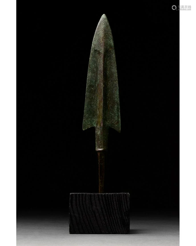 ANCIENT BRONZE SPEAR HEAD ON STAND